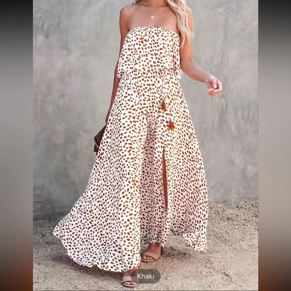 #139 Strapless Maxi Dress does have elastic on top side& waist, slit in one side
